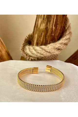 Tamamı Çelik Yarım Ay Şeklinde Gold Çelik Unisex Bileklik