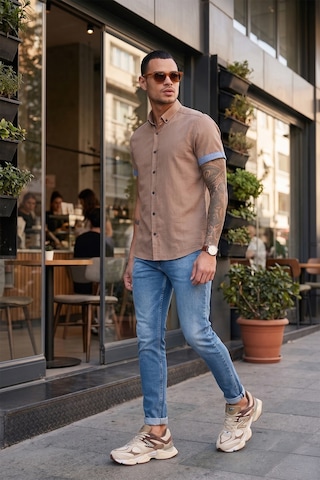 Buratti Pamuklu Slim Fit Düğmeli Yaka Kısa Kollu Erkek Gömlek Cf21S112546 Toprak