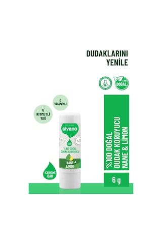 Siveno %100 Doğal Dudak Koruyucu Nane & Limon Bitkisel Lip Balm Krem Nemlendirici Parlatıcı Onarıcı 6 G