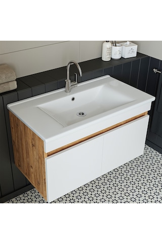 Roomart '' Lavabolu '' Atlantik-beyaz Mdf 85cm Banyo Alt Dolabı Atlantik Çam - Beyaz