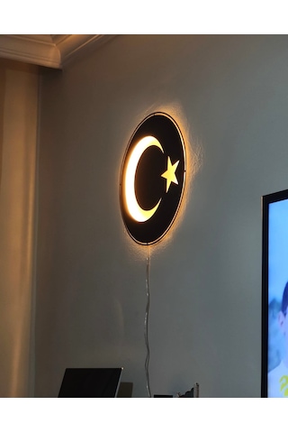 Motto Dekor Lazer Kesim Amber Led Işıklı Metal Türk Bayrağı Görselli Duvar Dekoru Duvar Aydınlatması Siyah