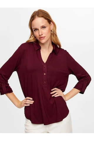 Faik Sönmez Polo Yaka Kadın Uzun Kollu T-shirt Bw26tsh004 Mürdüm