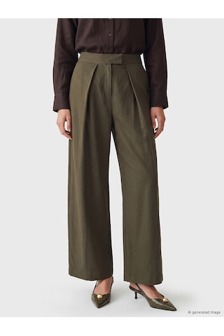 Lcw Modest Haki Geniş Paça Pileli Kadın Kumaş Pantolon