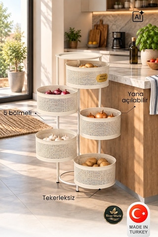 River World Tekerleksiz Rengi Krem Açılabilen 5 Katlı Çok Amaçlı Metal Raf Mutfak, Balkon, Kiler Çok Renkli