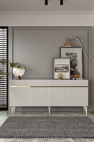 Fontana Lazer Pleksi Desen Konsol Tv Sehpası Çok Amaçlı Dolap 180 Cm Ba Beyaz - Altın