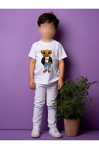 Ayıcık Baskı Detaylı Kısa Kollu %100 Pamuklu Beyaz Çocuk T-shirt Beyaz Ayıcıklı