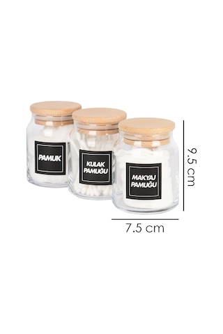 3'lü Ahşap Vakumlu Kapaklı Kulak Pamuğu Makyaj Pamuğu Ve Pamuk Kavanozu Pamukluk Seti 300 Ml Şeffaf