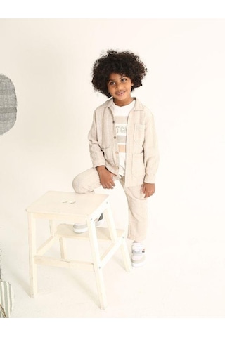 Nanica Kids Erkek Çocuk Kendinden Desenli Keten Pantolon-15704 Bej