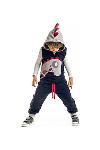 Denokids Dino Kolsuz Yelekli Eşofman Takım - Gri - Siyah - Kırmızı