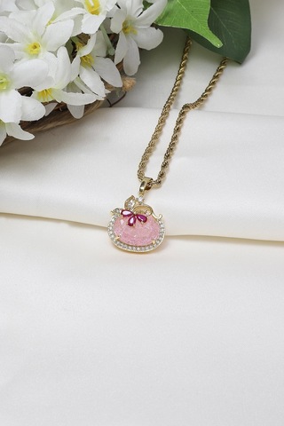 Pembe Taşlı Bombeli Çelik Kolye Çok Renkli