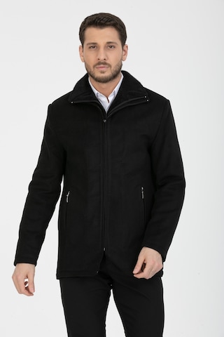 Erkek Siyah Yün Karışım Çift Yaka Kürklü Önü Fermuarlı Kaşe Kaban Siyah