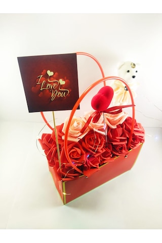 Işıklı Gül Aranjmanı I Love You Yazılı Kalpli Çanta Dolusu Güller Ayıcıklı Romantik Sevgili Hediyesi Led Işıklı Dekoratif Çiçek Gül Kırmızı + Pembe
