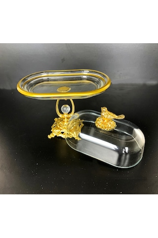 Elta Collection Kuş Figürlü Gold Metal Kristal Ayaklı Sunumluk Tereyağlık Peynirlik Kahvaltılık Gold