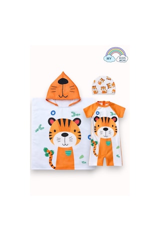 My Kids Wear Erkek Çocuk Deniz Kombini 3 Lü Set Mayo, Havlu Ve Bone 12607 Kırmızı - Siyah