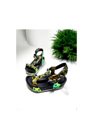 Yazlık İnci Ve Taş Detaylı Tokalı Ayarlanabilir Sandalet Yanar Döner Çok Renkli