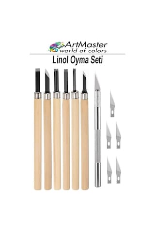 Linol Oyma Seti Ahşap Saplı 6 Parça 1 Paket Kretuar Bıçağı Oyma Kesme Bıçak Seti Linol 6 Bıçaklı Linolyum Baskı Seti