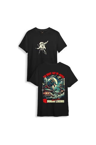 Japon Samuray Streetwear Dragon Ejder Baskılı Şık Tasarımlı %100 Pamuk Regular Fit Siyah T-shirt Siyah