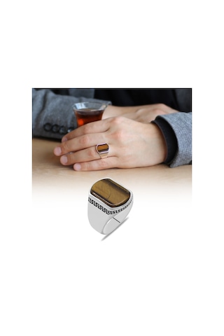 Flat Tasarım Kaplan Gözü Taşlı 925 Ayar Gümüş Erkek Yüzük (457819398)