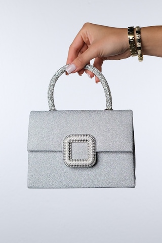 Valeria Gümüş Simli Taşlı Kadın El Çantası Gümüş Sim