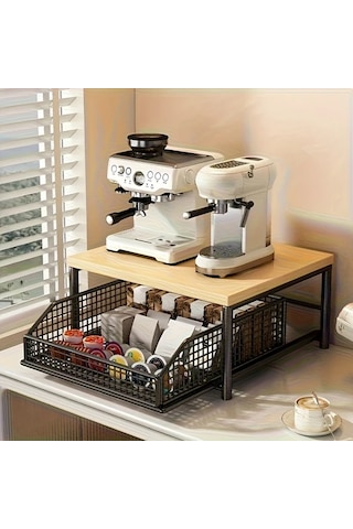 Honeybeeshop Siyah Metal Çerçeveli Ahşap Mikrodalga Rafı 37x26 Cm Çekmeceli Tezgah Düzenleyici
