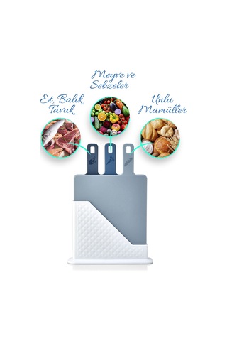 4'lü Tezgah Üstü Standlı Kulplu Kesme Tahtası - Çoklu Doğrama Tahtası Ekmek Sebze Et Kesim Panosu Mavi