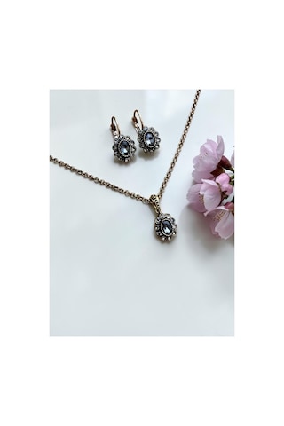 Kristal Taşlı Oval Kolye Ve Küpe Seti Gri 03202189