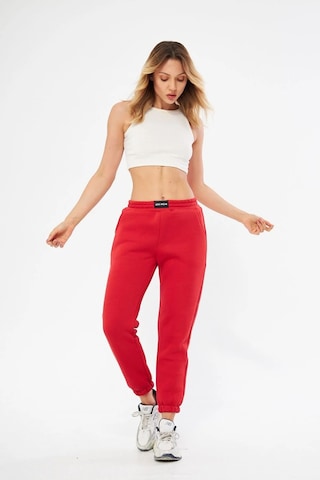 Lesa Wear Yüksel Bel Jogger Şardonlu Eşofman Altı Paçası Lastikli Kırmızı