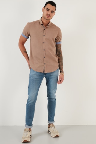 Buratti Pamuklu Slim Fit Düğmeli Yaka Kısa Kollu Erkek Gömlek Cf21S112546 Toprak