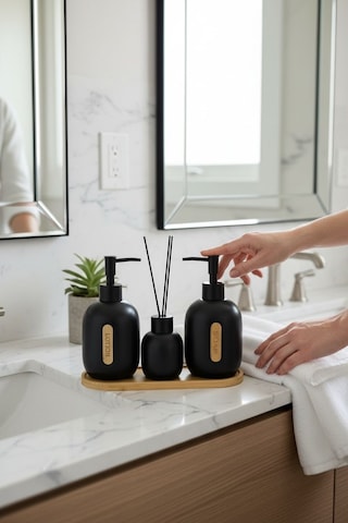 Bounies Banyo Seti Takımı - Sıvı Sabunluk Seti Bambu Altlıklı 4 Parça Siyah Bej