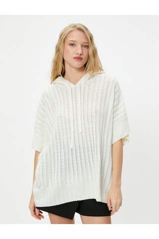 Koton Oversize Triko Panço Kapüşonlu Kısa Kollu Örgü Desenli Ekru 4wal90028ht Ekru
