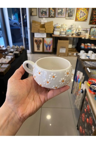 Seramik El Yapımı Fincan Takımı 2'li Set Papatya Desenli, Tabaklı Beyaz - Sarı