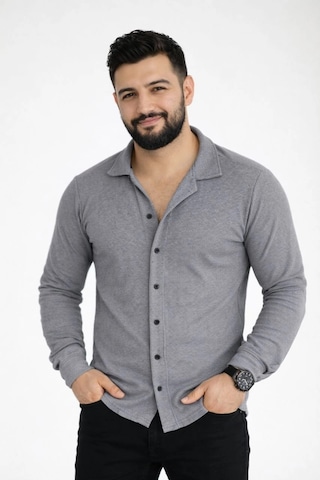 Erkek Waffle Kumaş Uzun Kollu Düğmeli Açık Yaka Regular Fit Gömlek - Füme Çok Renkli