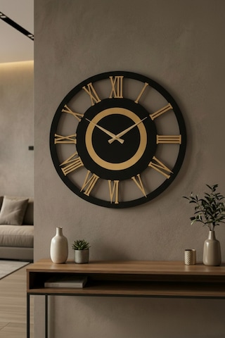 Siyah Ve Ceviz Renk Gold Sayılı Hediyelik Ahşap Dekoratif Farklı Desenli Ev Duvar Saati 50cm Ceviz