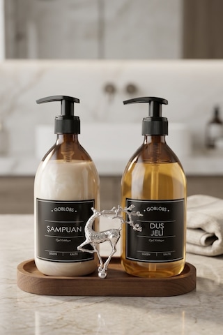 Sabunluk Amber Şişe Cam İkili Şampuan-duş Jeli Banyo Düzenleyici Lüks Gümüş Geyik Ahşap Standlı 500ml