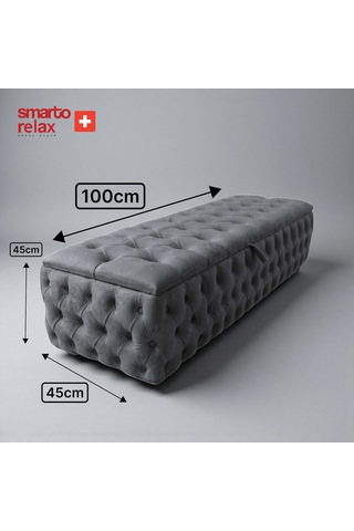 Smarto Relax Swiss Style Saas-fee Sandıklı Baby Face Puf, Kapitoneli Sandıklı, 100x45x45 Cm, Babyface Kaplama Dekoratif Puf Gri