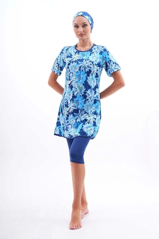 Aslınur Likralı Lacivert Desenli Yarı Kapalı Kadın Tesettür Mayo Lacivert - Mor