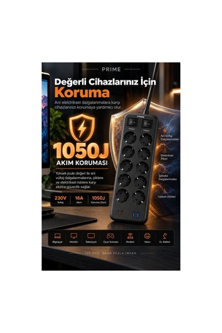 Robeve Fulltech Prıme 10 Lu Akım Korumalı Priz 3680w - 1050j Koruma, 2 Usb-c + 2 Usb-a, 2 Metre Kablolu, 1+1 Bağımsız Aç/kapa Anahtarlı Çoklu Uzatma Prizi Grup Priz 10'lu Priz 2 M
