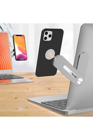 Laptop & Monitör Arkası Telefon Tutucu: Manyetik Bağlantı, Alüminyum Yapı, Dönebilir Telefon Standı