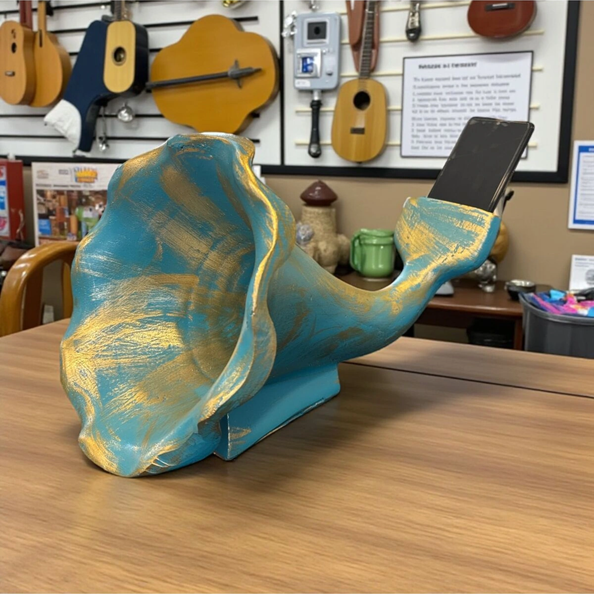 Dekoratif Polyester Akustik Gramofon Turkuaz-gold Eskitme