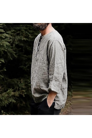 Incerun %100 Pamuk Erkek Uzun Kollu Bağcıklı Gömlek Vintage Düz Renk Rahat Gömlek Üstleri S-xxxxxl Açık Gri