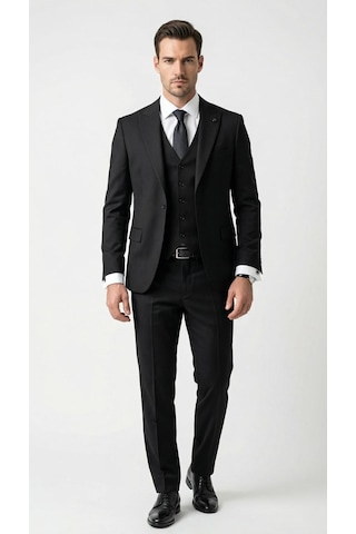 Erkek Slim Fit Takım Elbise Düz Dokulu Kırışmaya Dayanıklı Likralı Polyviskon Kumaş, Sivri Yaka, Tek Düğmeli, Çift Yır Siyah