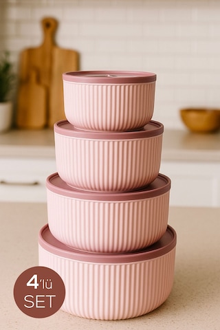 4'lü Yuvarlak Saklama Kabı Seti Pembe 2.5l 1.5l 0.80l 0.45l Mikrodalga Ve Dondurucu Uyumlu Pembe