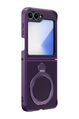 Teleplus Samsung Galaxy Uyumlu Z Flip 5 Kılıf Karbon Fiber Magsafeli 360 Dönerli Standlı Alp Kapak