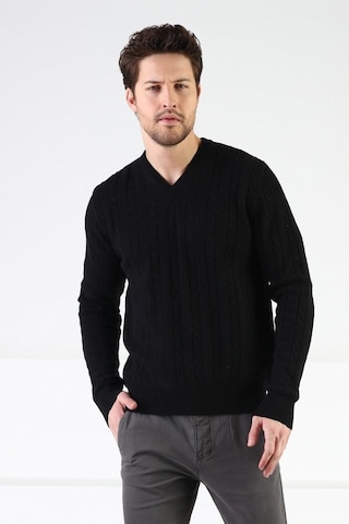 Ferraro Siyah V Yaka %100 Kuzu Yünü Erkek Kazak Siyah