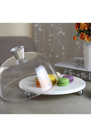 Akayev Mermer Beyaz 25 Cm Gümüş Boncuk Ayak Cam Fanus