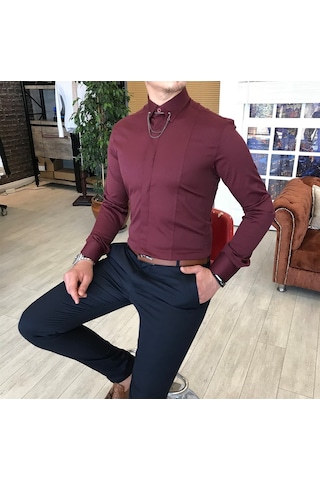 Italyan Kesim Slim Fit Erkek Saten Bordo Zincirli Gömlek T4099