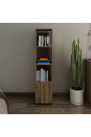 Kuzey 4 Raflı, Kapaklı Minimal Beyaz Kitaplık Antik Ceviz