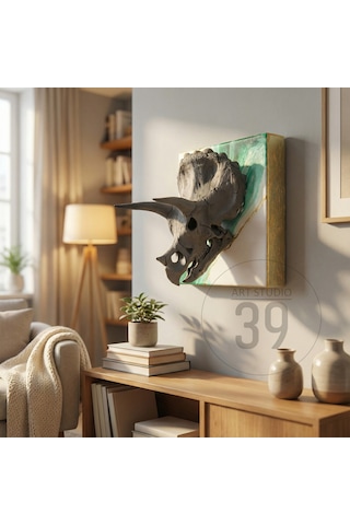 3d Triceratops Kafatası Altın Varaklı Epoksi Duvar Tablosu, El Yapımı Heykelsi Sanat Eseri, 25x25 Cm, Modern & Statement Tasarım 25 x 25