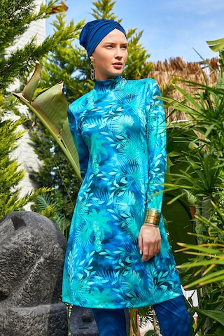 Likralı Tam Kapalı Tesettür Mayo Desenli 3102 Açık Lacivert Açık Lacivert