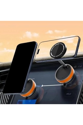 Manyetik Araç Telefon Tutucu 360 Döner Başlık Mekanik Vakumlu Güçlü Sabitleme, Silikon Kaymaz Tutuş, Manyetik Halka İle Uyumlu, Tüm İphone Serisi İle Uyumlu, Araç İçi Telefon Stand, Turuncu